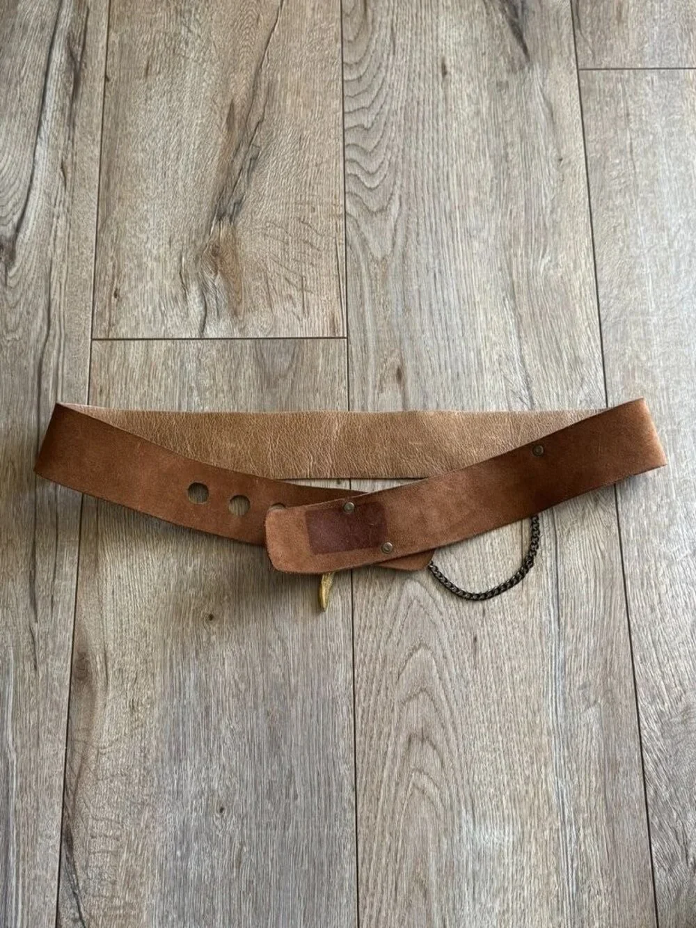 Rare PADE VAVRA Brown Leather Gold Cast Antler Chain Closure Crossover Hip Belt